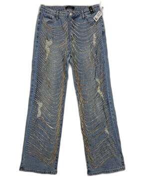 Women's AKIRA Wide Leg Jeans Light Blue Gold Rhinestone Embellished Denim NWT